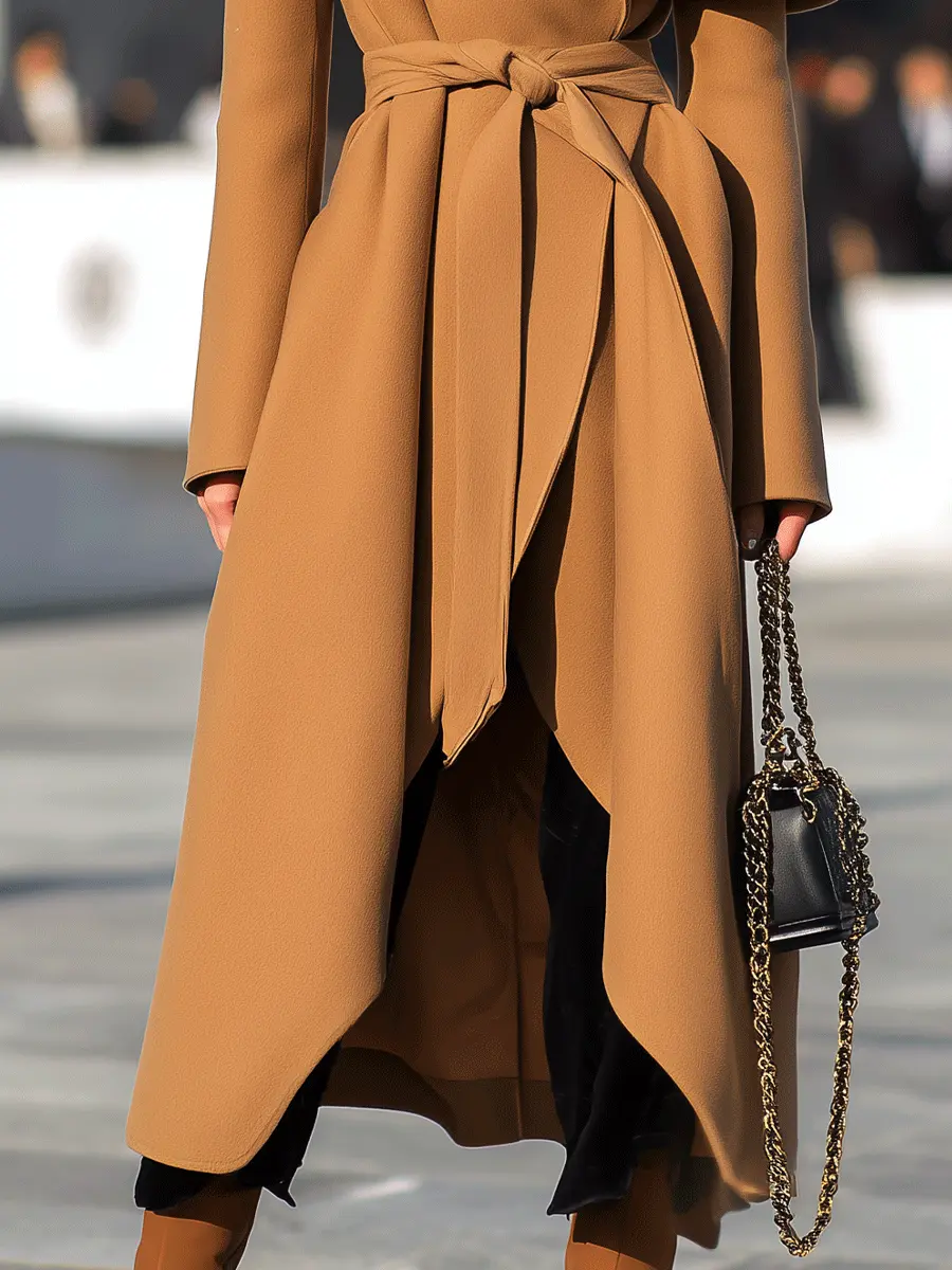Camel Waterfall Drape Belted Waist - Long Coat CAAYWORLD