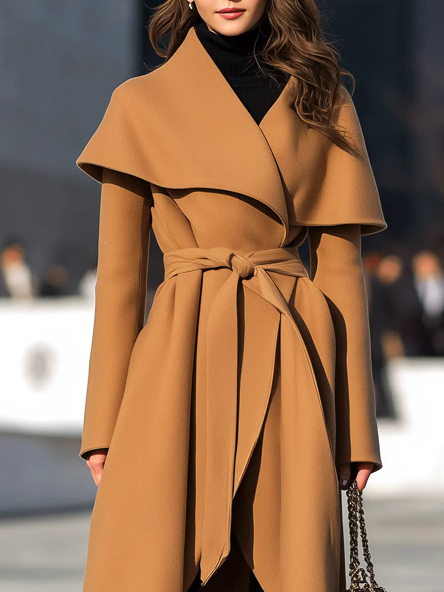 Camel Waterfall Drape Belted Waist - Long Coat CAAYWORLD