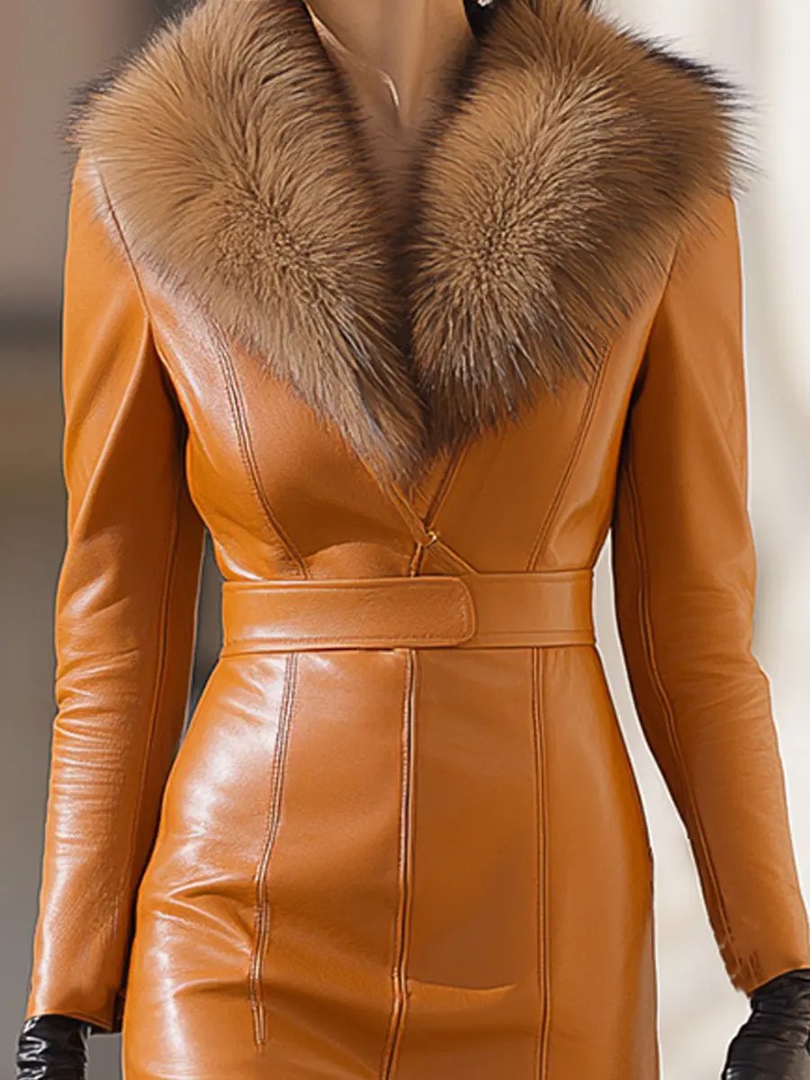 Caramel Faux Leather With Plush Fur Collar - Maxi Dress CAAYWORLD