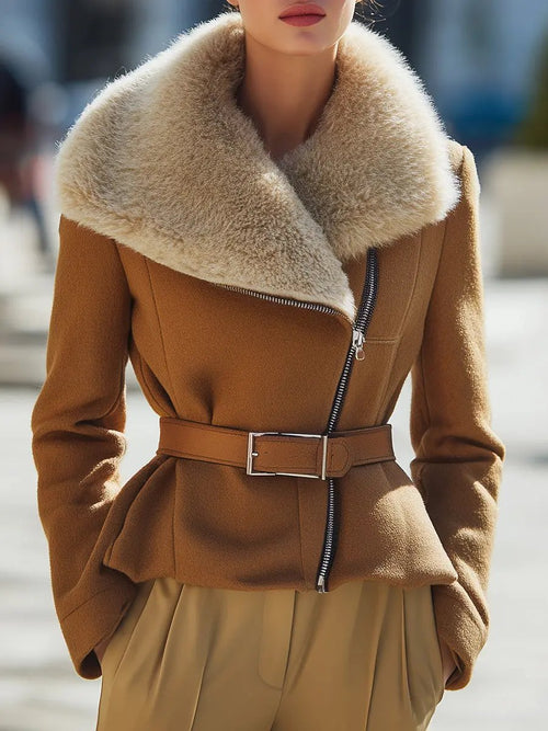 Caramel Wool Oversized Shearling Collar - Shearling Jacket CAAYWORLD
