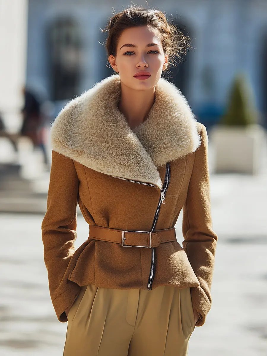 Caramel Wool Oversized Shearling Collar - Shearling Jacket CAAYWORLD