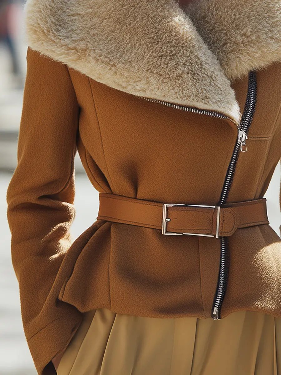 Caramel Wool Oversized Shearling Collar - Shearling Jacket CAAYWORLD