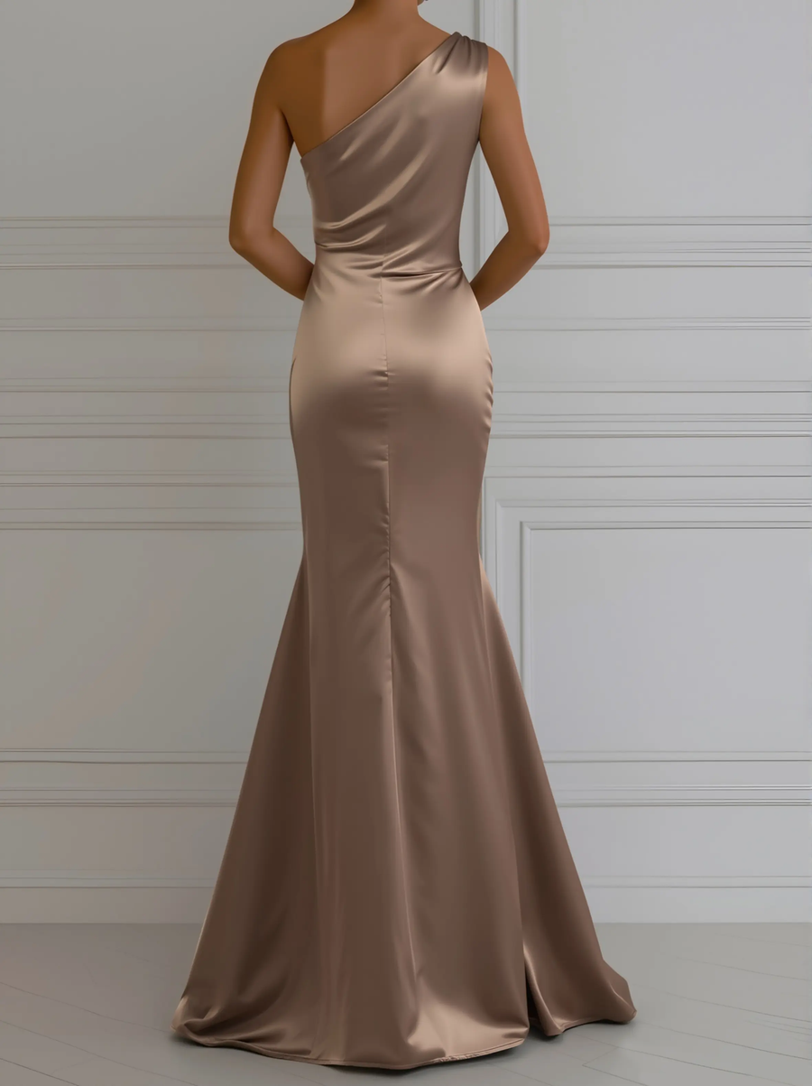Champagne Satin One-Shoulder Evening - Maxi Dress CAAYWORLD