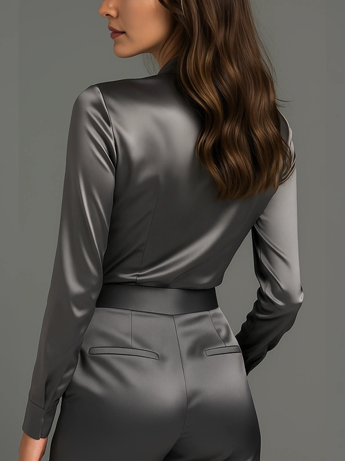 Charcoal Grey Satin Subtle Tailored Fit - Blouse CAAYWORLD