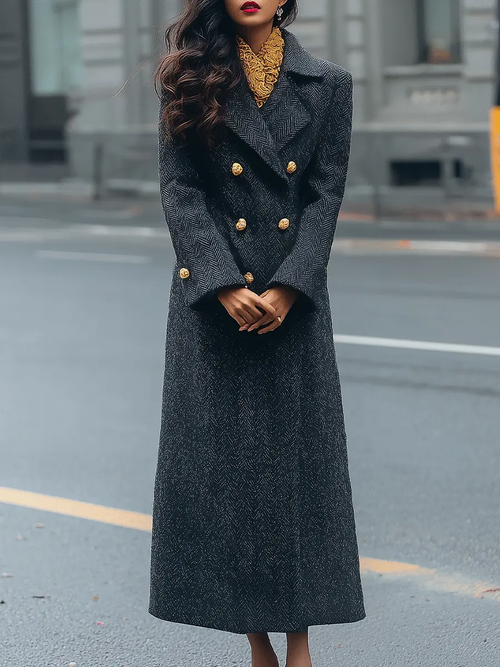 Charcoal Herringbone Double-Breasted Tailored - Long Coat CAAYWORLD