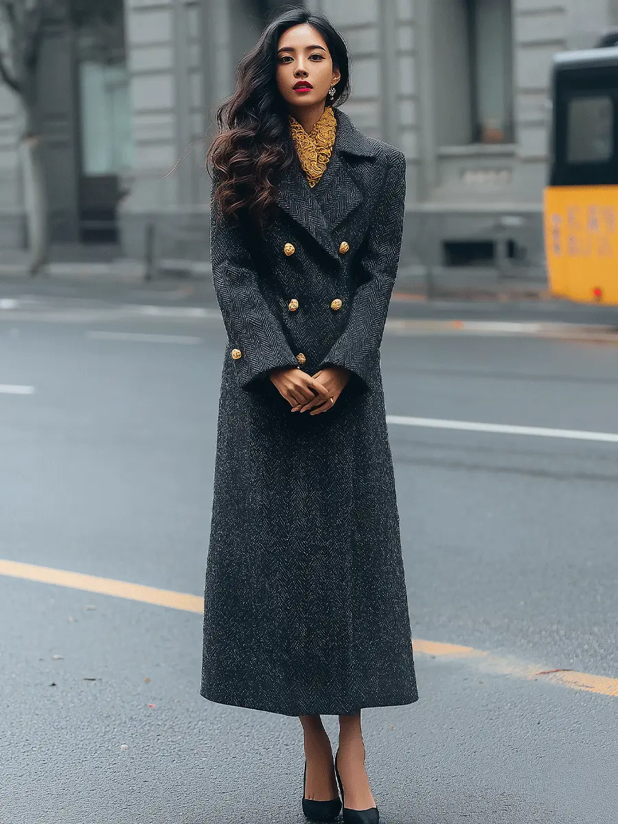 Charcoal Herringbone Double-Breasted Tailored - Long Coat CAAYWORLD
