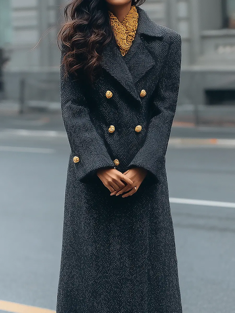 Charcoal Herringbone Double-Breasted Tailored - Long Coat CAAYWORLD