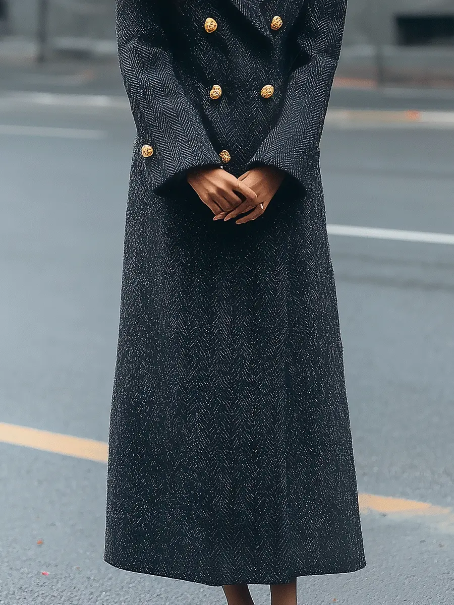 Charcoal Herringbone Double-Breasted Tailored - Long Coat CAAYWORLD