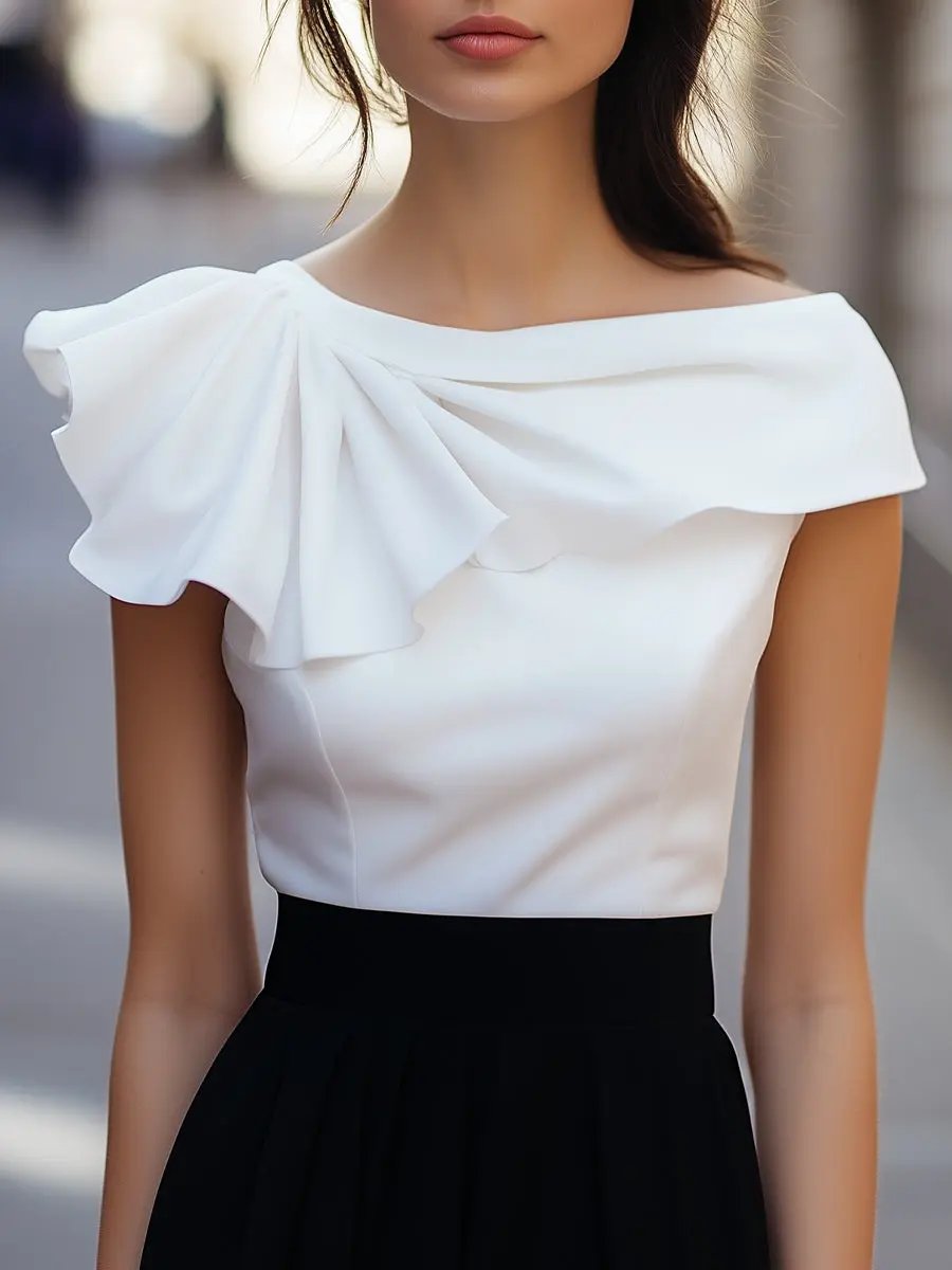 Chic Asymmetric Ruffle Boat Neck - Blouse CAAYWORLD