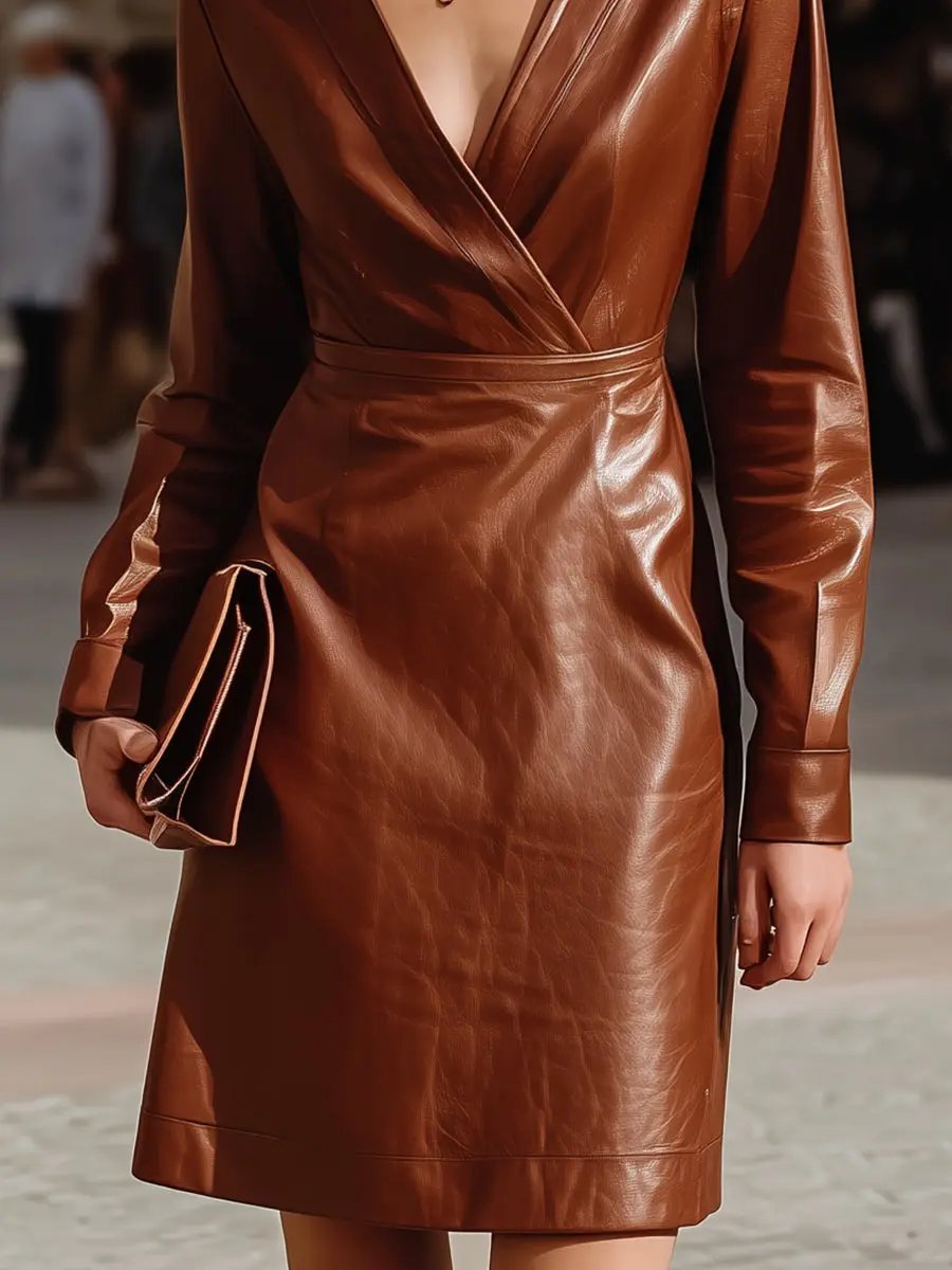 Chic Brown Faux Leather Wrap Dress - Mini Dress CAAYWORLD