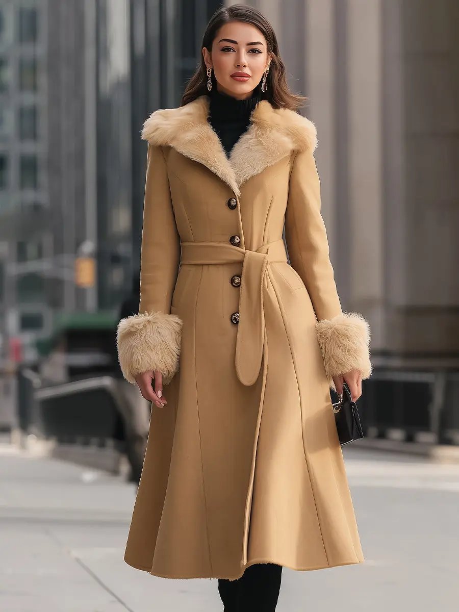 Chic Camel Colored Faux Fur Trim - Trench Coat CAAYWORLD