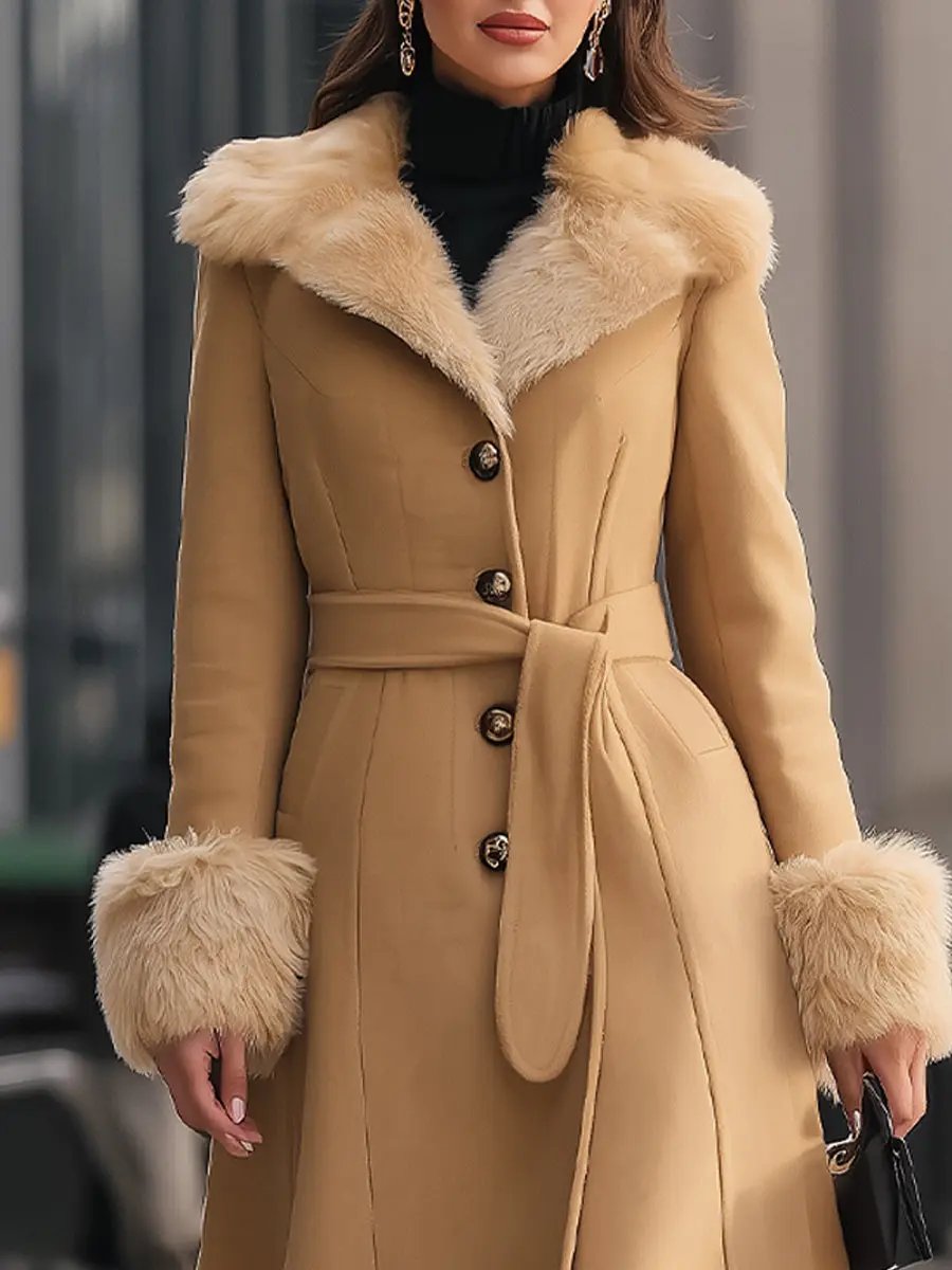 Chic Camel Colored Faux Fur Trim - Trench Coat CAAYWORLD