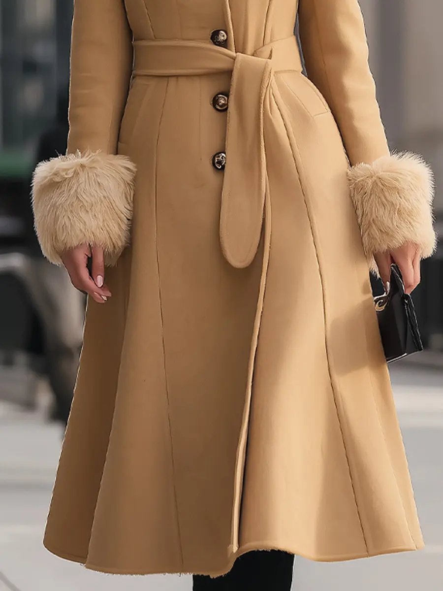 Chic Camel Colored Faux Fur Trim - Trench Coat CAAYWORLD