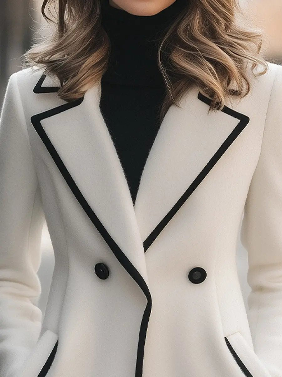 Chic Double-Breasted White Coat with Black Trim - Women's Coat CAAYWORLD