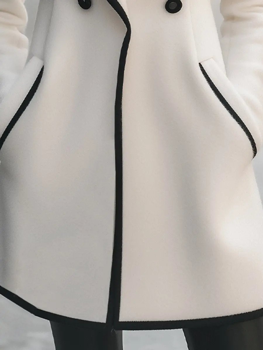 Chic Double-Breasted White Coat with Black Trim - Women's Coat CAAYWORLD