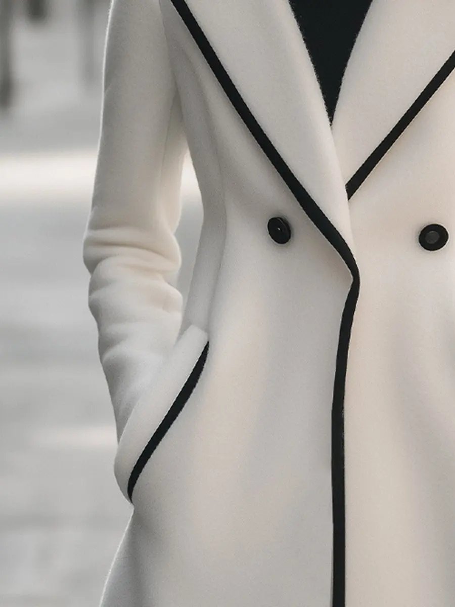 Chic Double-Breasted White Coat with Black Trim - Women's Coat CAAYWORLD