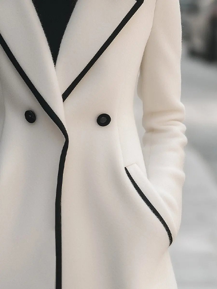 Chic Double-Breasted White Coat with Black Trim - Women's Coat CAAYWORLD