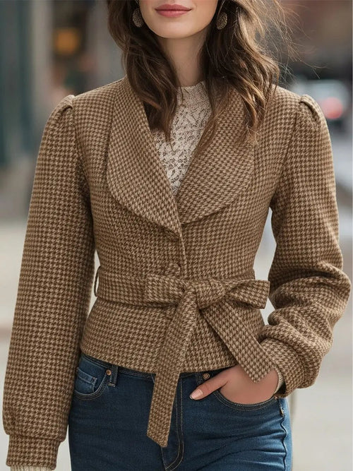 Chic Houndstooth Belted Wool-Blend Cropped - Cropped Coat CAAYWORLD