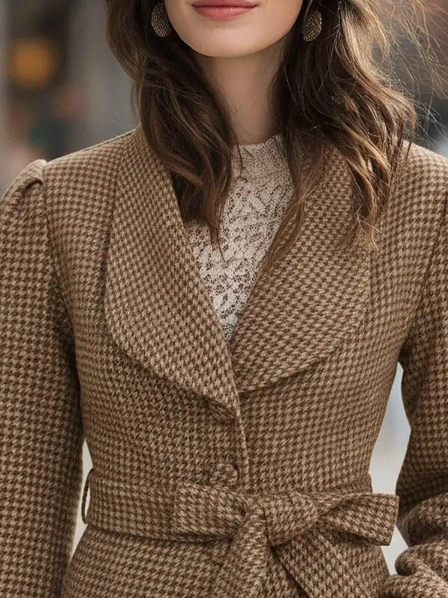 Chic Houndstooth Belted Wool-Blend Cropped - Cropped Coat CAAYWORLD