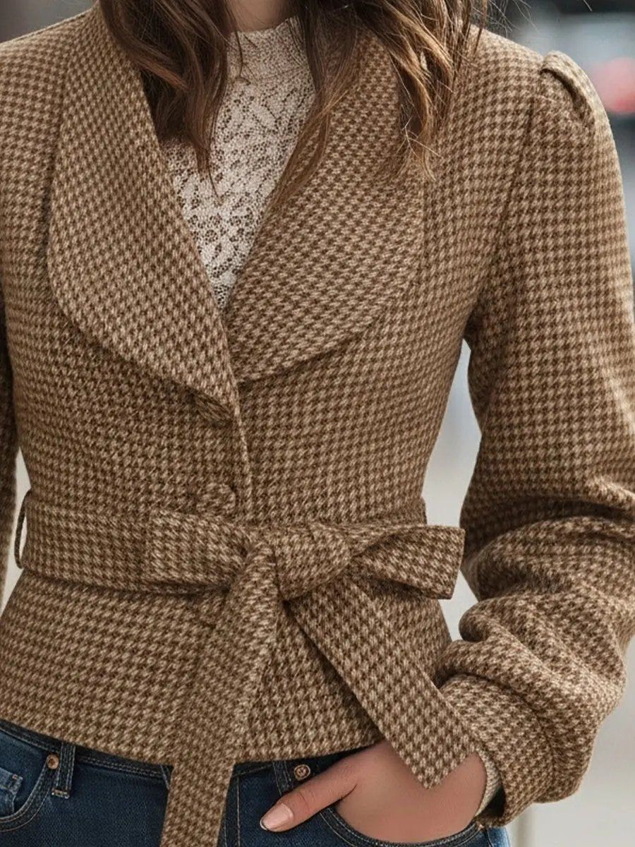 Chic Houndstooth Belted Wool-Blend Cropped - Cropped Coat CAAYWORLD
