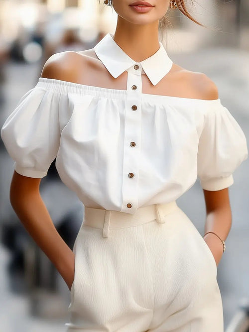 Chic Off-Shoulder Button-Up with Statement Collar - Women's Blouse CAAYWORLD