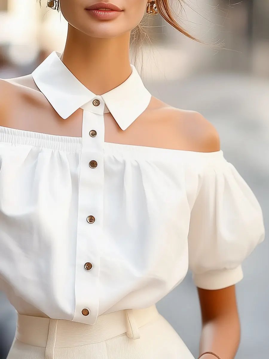 Chic Off-Shoulder Button-Up with Statement Collar - Women's Blouse CAAYWORLD