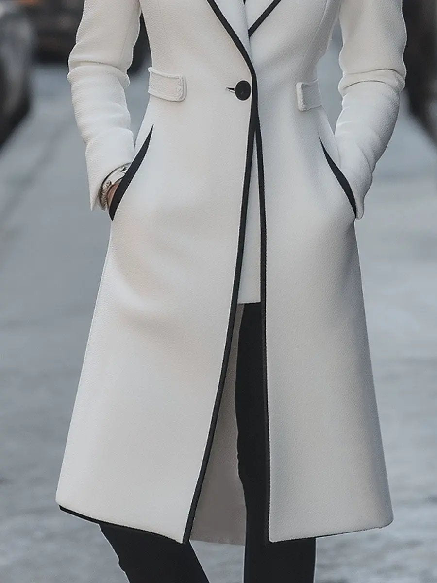 Chic White Coat with Contrast Trim - Long Coat CAAYWORLD