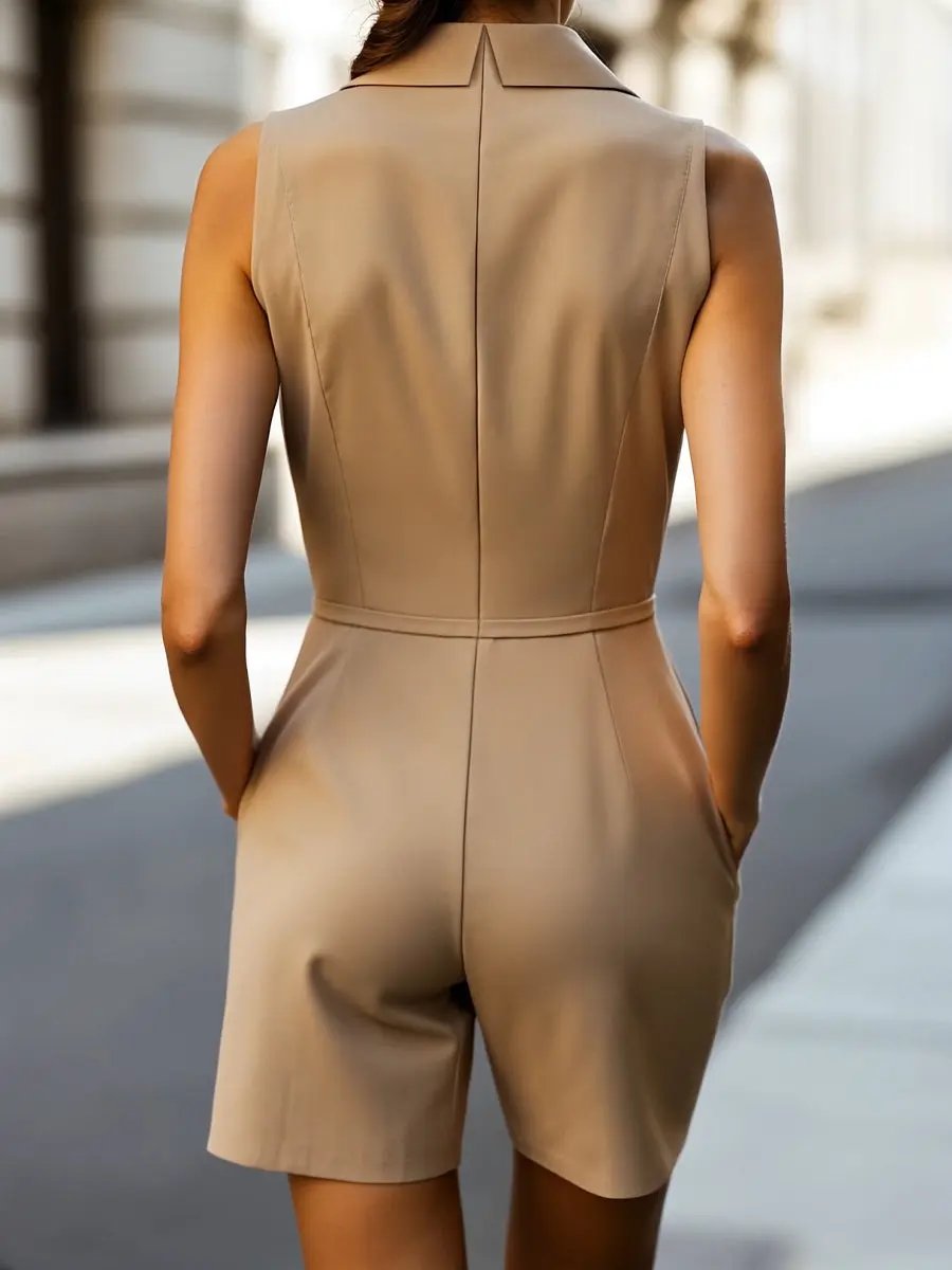 Chic Women's Lapel Collar Asymmetric Wrap - Romper CAAYWORLD
