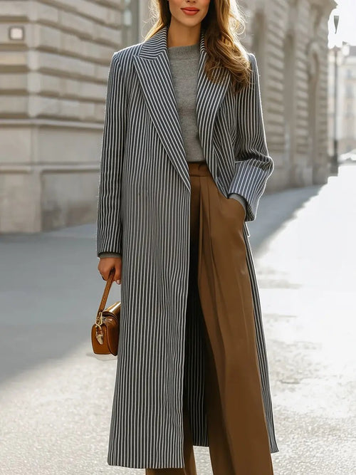 Chic Women's Striped Lapel Collar - Longline Coat CAAYWORLD