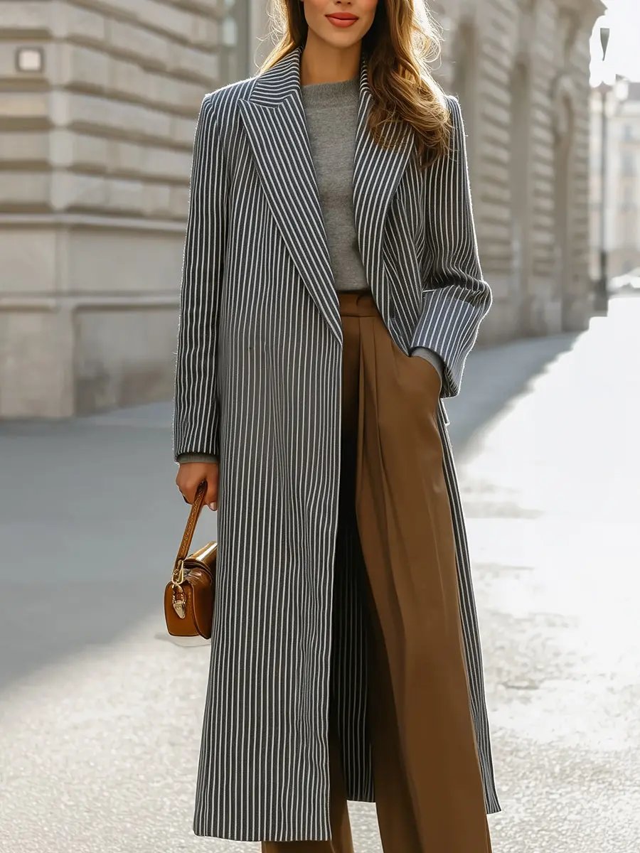 Chic Women's Striped Lapel Collar - Longline Coat CAAYWORLD