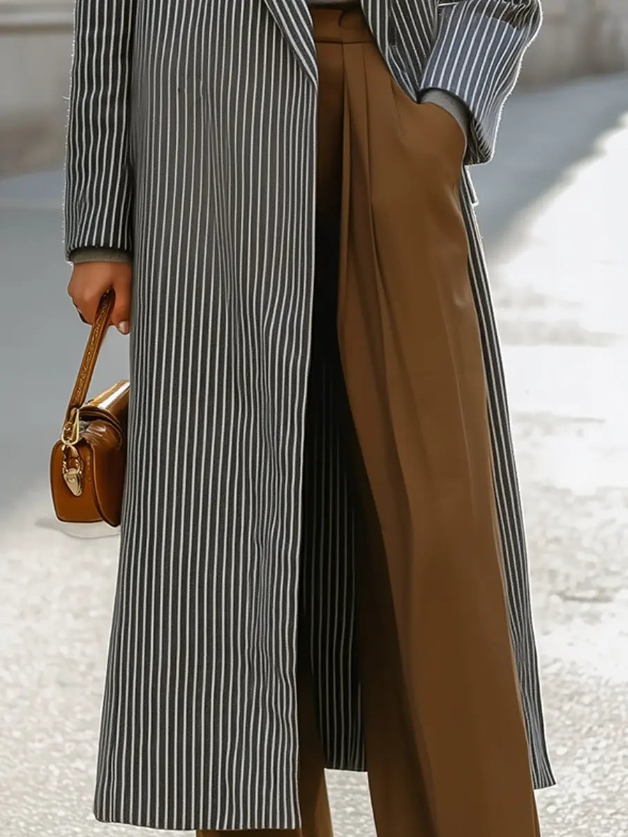 Chic Women's Striped Lapel Collar - Longline Coat CAAYWORLD