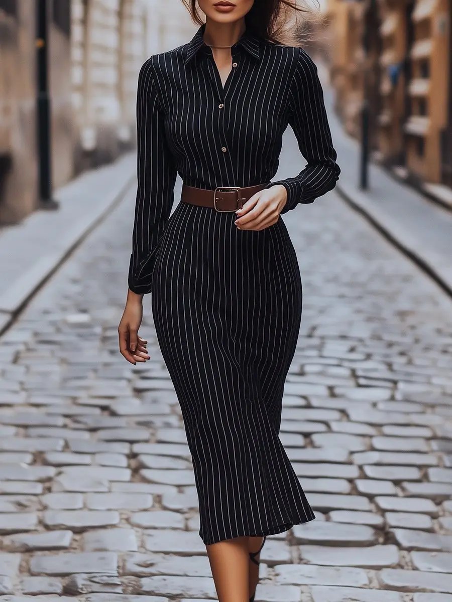 Classic Black Pinstripe Button-Down - Shirt Dress CAAYWORLD