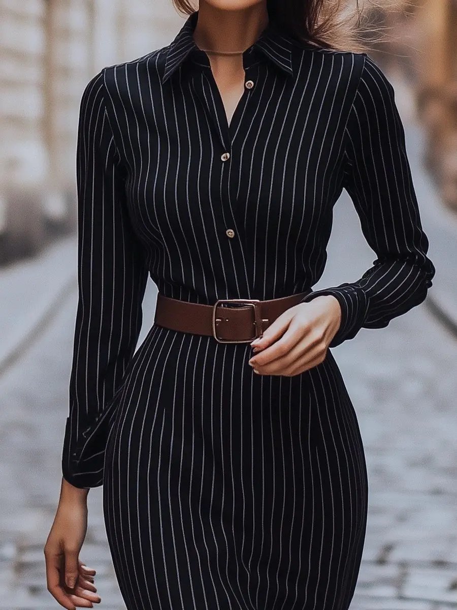 Classic Black Pinstripe Button-Down - Shirt Dress CAAYWORLD