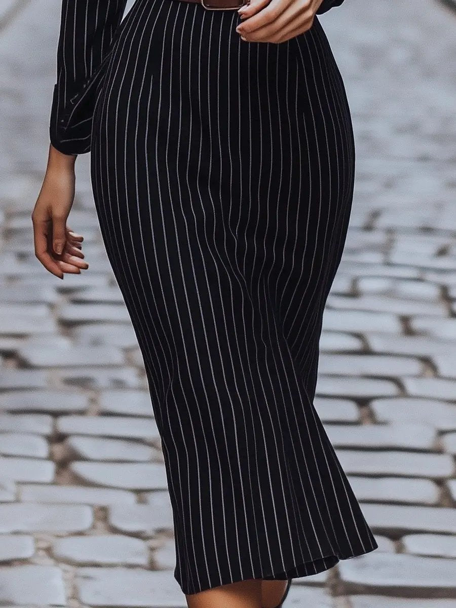 Classic Black Pinstripe Button-Down - Shirt Dress CAAYWORLD
