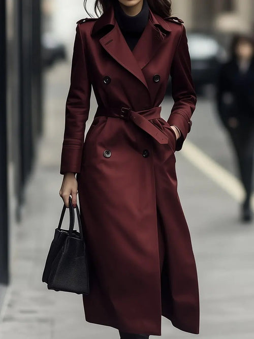 Classic Burgundy Double-Breasted Belted Trench - Trench Coat CAAYWORLD