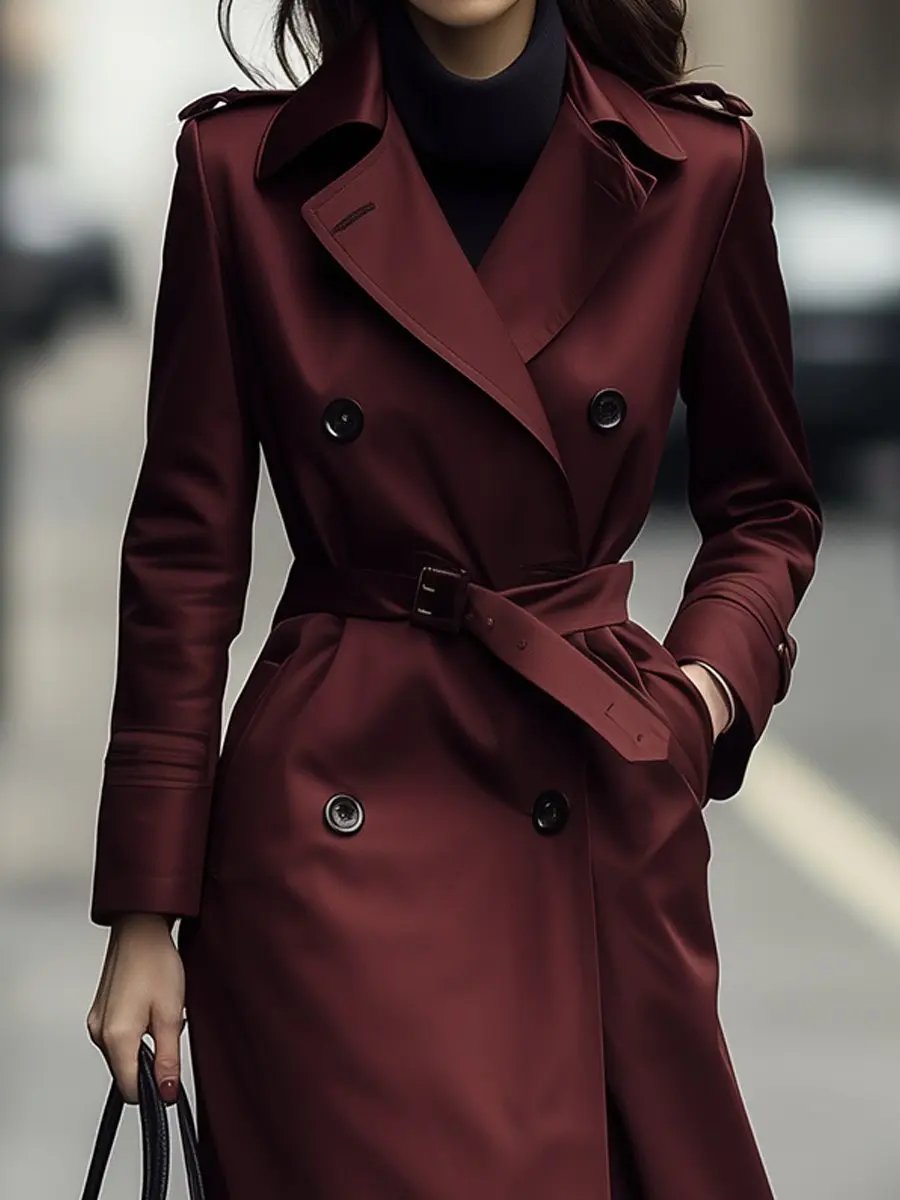 Classic Burgundy Double-Breasted Belted Trench - Trench Coat CAAYWORLD