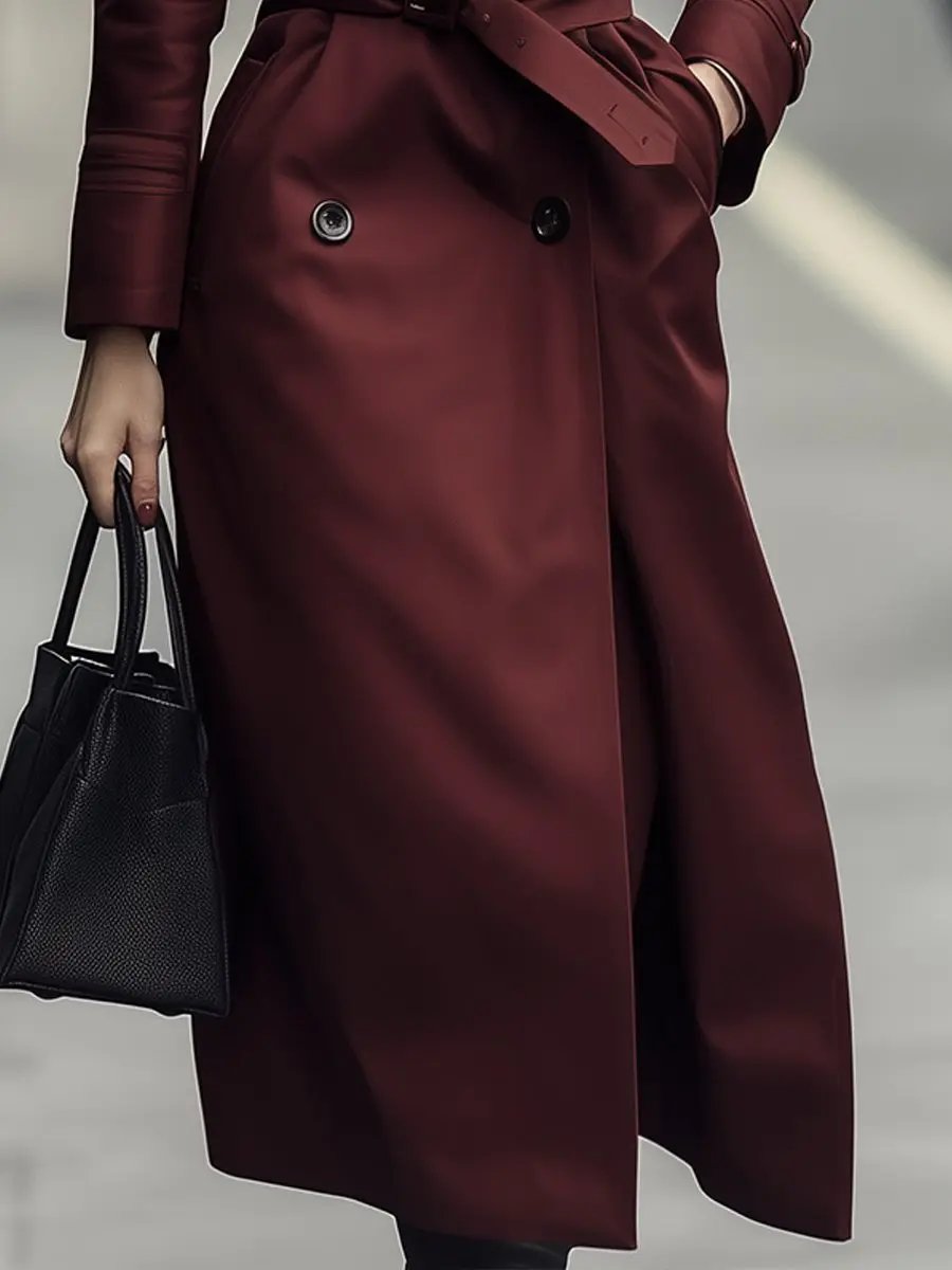 Classic Burgundy Double-Breasted Belted Trench - Trench Coat CAAYWORLD