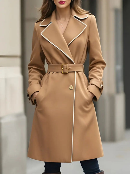 Classic Camel Belted Trench With White Piping - Trench Coat CAAYWORLD