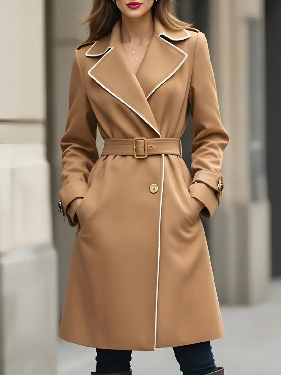 Classic Camel Belted Trench With White Piping - Trench Coat CAAYWORLD