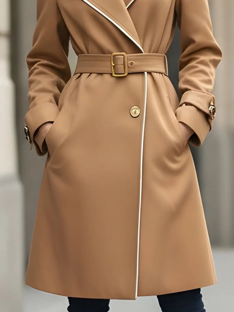 Classic Camel Belted Trench With White Piping - Trench Coat CAAYWORLD