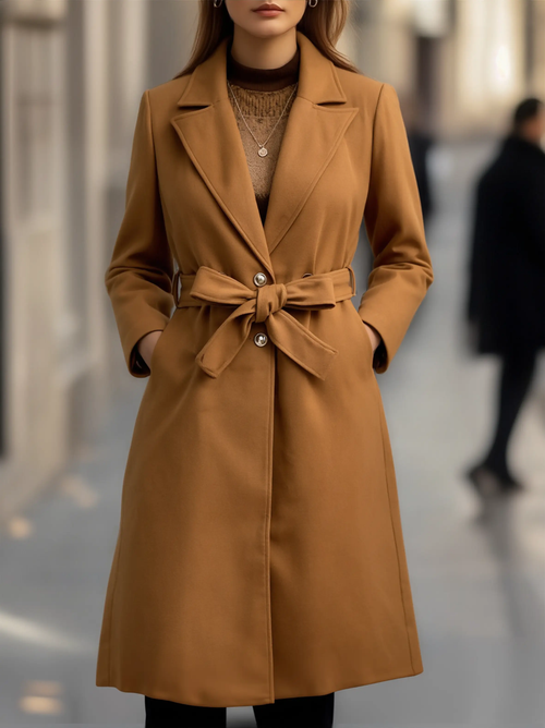 Classic Camel Wool Belted Silhouette - Trench Coat CAAYWORLD