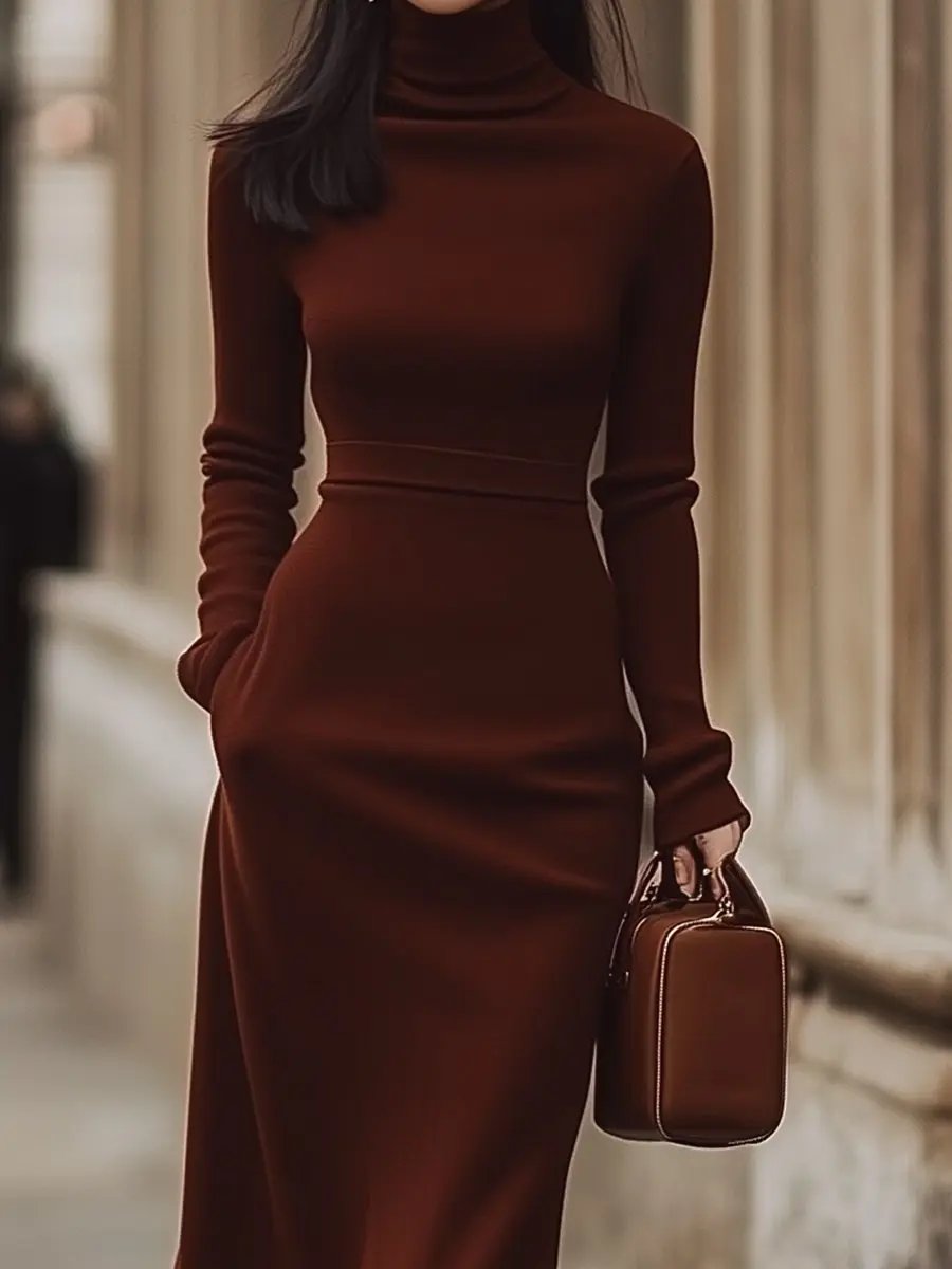 Classic Chocolate Brown Turtleneck - Midi Dress CAAYWORLD