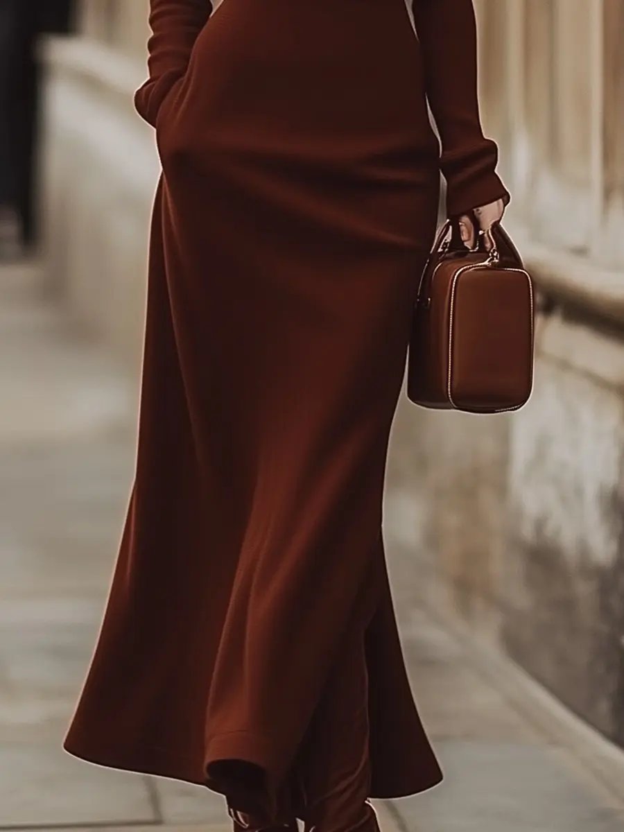 Classic Chocolate Brown Turtleneck - Midi Dress CAAYWORLD