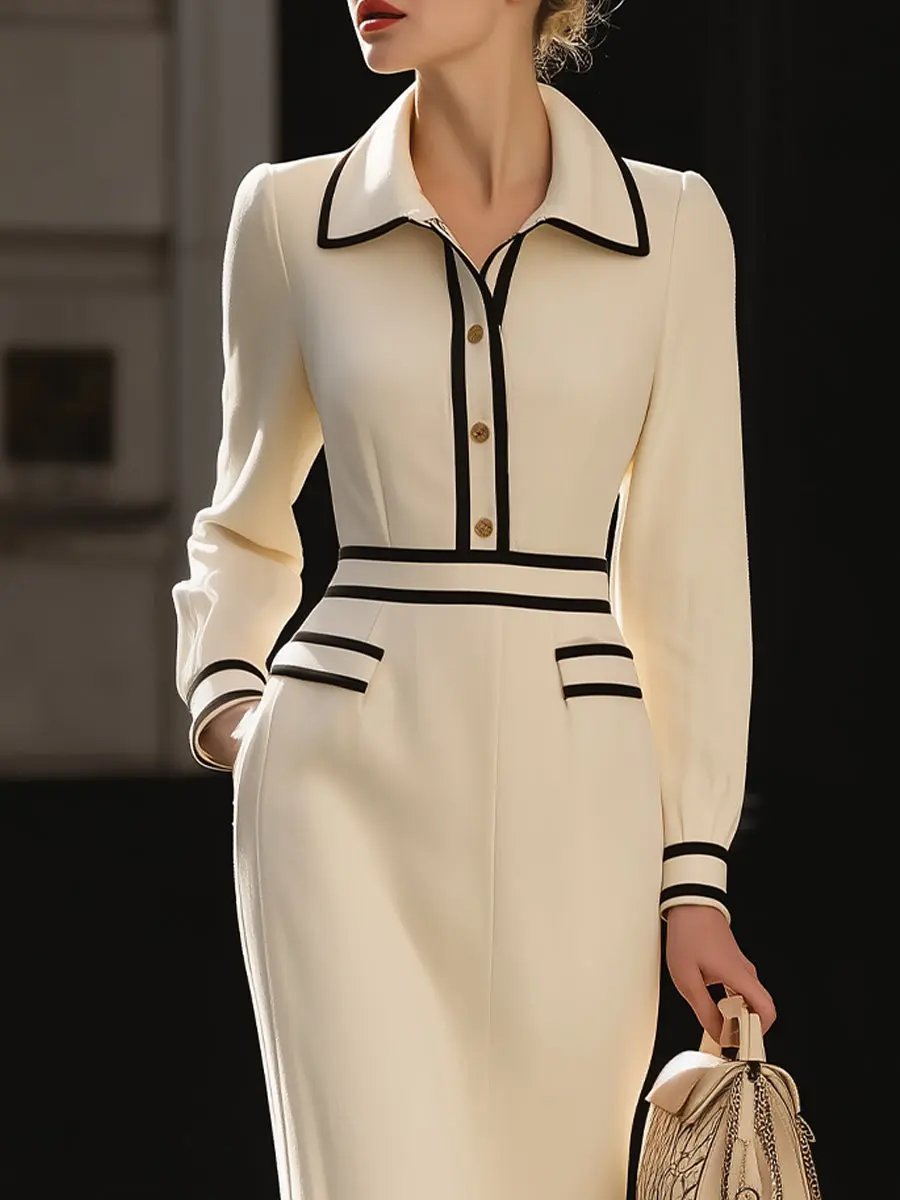 Classic Contrast-Trim Button-Front Midi Dress - Midi Dress CAAYWORLD