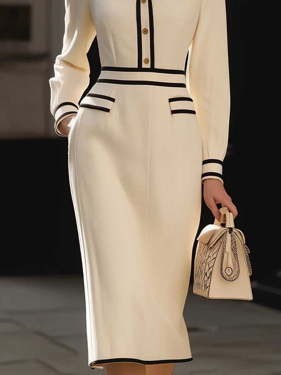 Classic Contrast-Trim Button-Front Midi Dress - Midi Dress CAAYWORLD