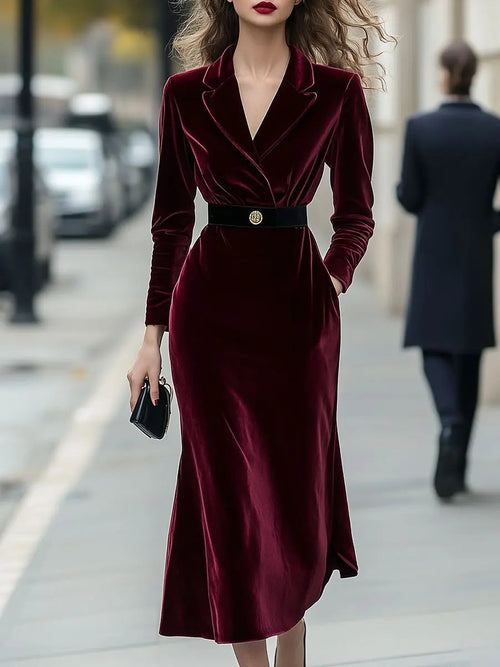 Classic Long-Sleeve Velvet with Gold Accents - Midi Dress CAAYWORLD