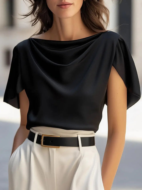 Classic Satin Draped Cap-Sleeve Top - Blouse CAAYWORLD