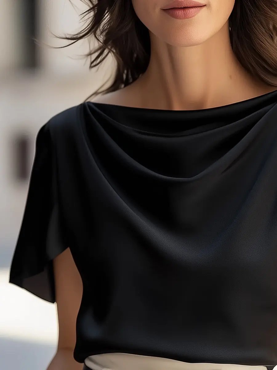 Classic Satin Draped Cap-Sleeve Top - Blouse CAAYWORLD
