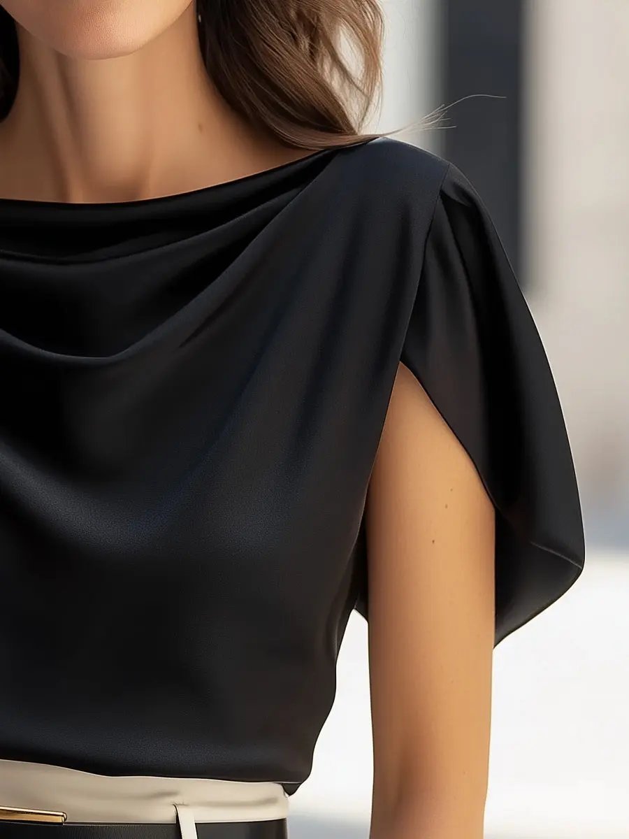 Classic Satin Draped Cap-Sleeve Top - Blouse CAAYWORLD