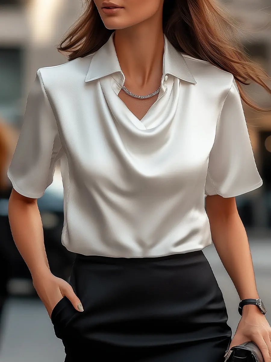 Classic White Satin Draped Neckline - Blouse CAAYWORLD
